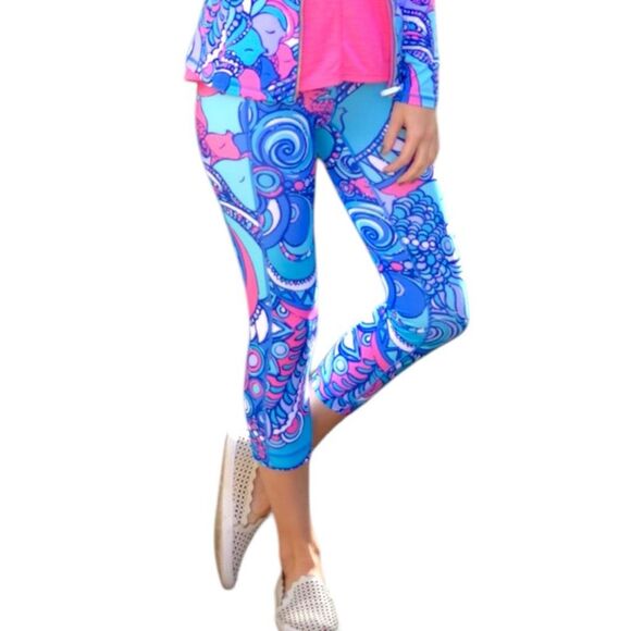 Lilly Pulitzer Girls Luxletic Weekender Fish Seahorse Leggings Pink Blue Small - Picture 9 of 11